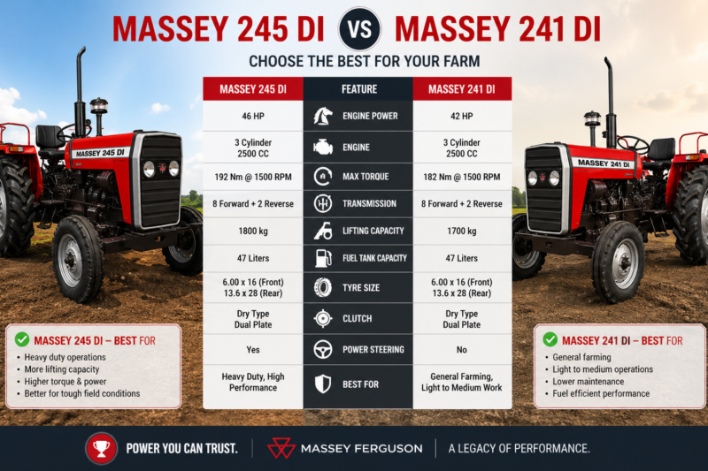 Massey 245 DI vs Massey 241 DI: 50 HP vs 42 HP, कौन सा ट्रैक्टर आपके खेत के लिए बेहतर? पूरी तुलना