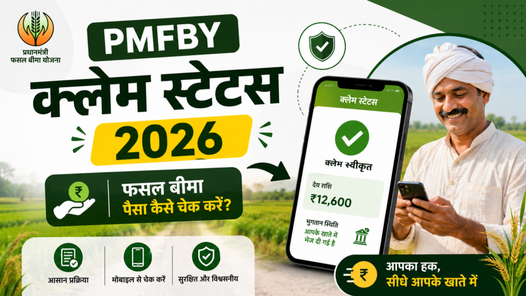 PMFBY Claim Status 2026 — फसल बीमा स्टेटस चेक करते किसान pmfby.gov.in पर